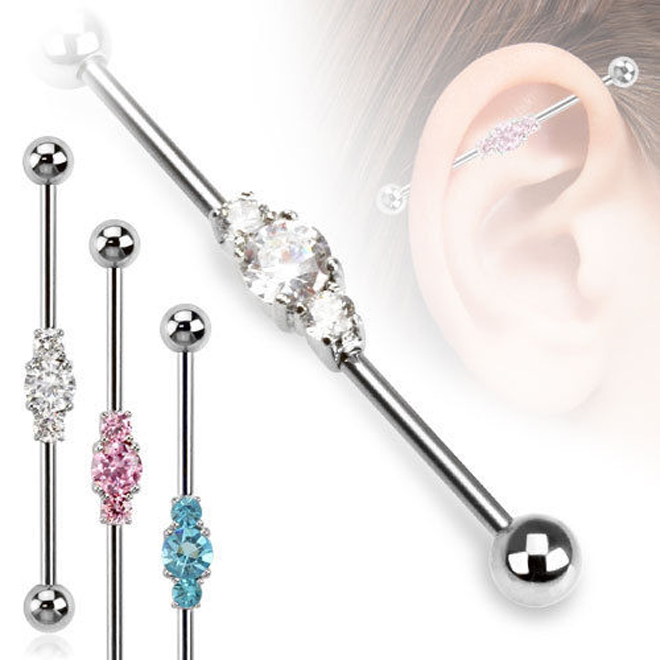 Industrial Scaffold Barbell Piercing with 3 CZ Gem Centre